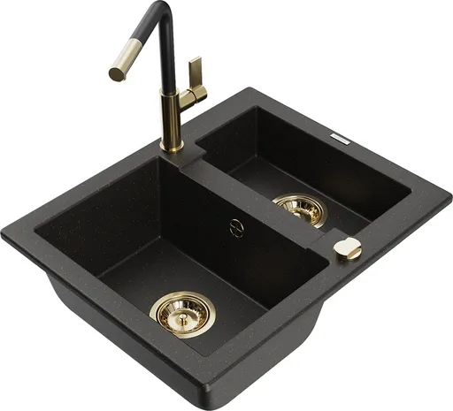 MEXEN/S MEXEN/S - Carlos granitový drez 1.5 vrátane batérie Flora, čierna/zlatá metalik 6518-75-670401-57-G