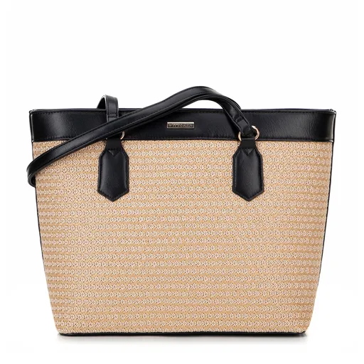 Shopperka z ekokože a výpletu béžovo-čierna 100-4Y-408-91