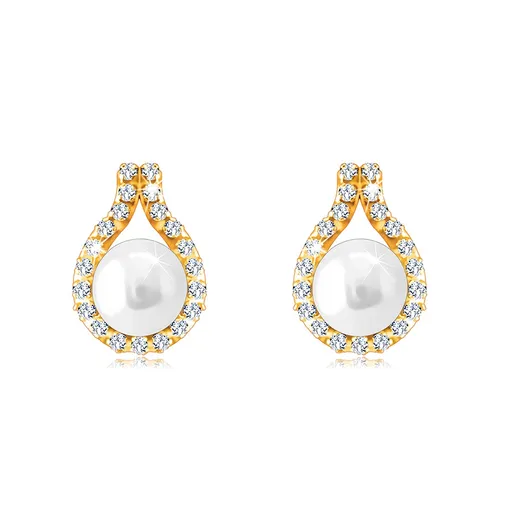 Náušnice z 9K zlata - zirkónová kontúra slzy zdobená kultivovanou bielou perlou