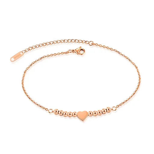 Náramok na členok alebo zápästie z ocele - súmerné srdce, guličky, medená farba