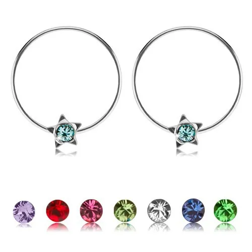 Strieborné okrúhle náušnice 925, hviezdička s farebným krištálikom Swarovski - Farba: Červená