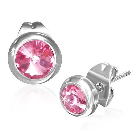 Náušnice z ocele 316L, okrúhle zirkóny svetloružovej farby