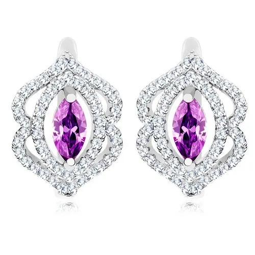 Ródiované náušnice, striebro 925, fialový zrnkový zirkón, dvojitá obruba