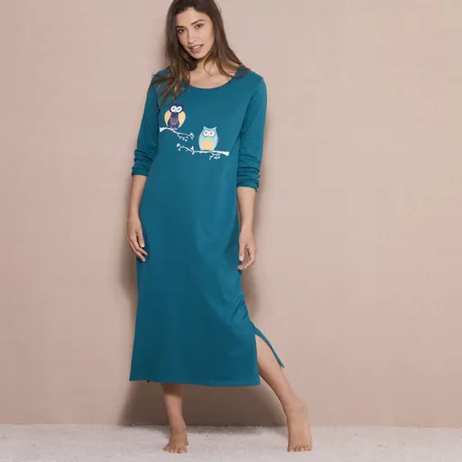 Dlhá nočná košeľa s dlhými rukávmi a potlačou sovičiek