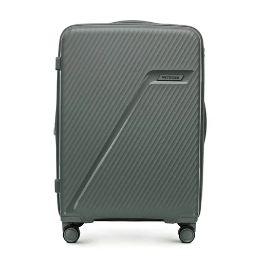 Stredný polypropylénový kufor s diagonálnymi pruhmi, sivý 56-3T-502-01