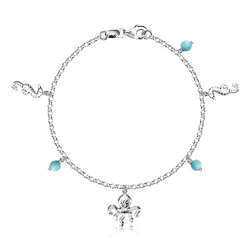 Náramok zo striebra 925 - guľôčky, morský koník a chobotnica, karabínka