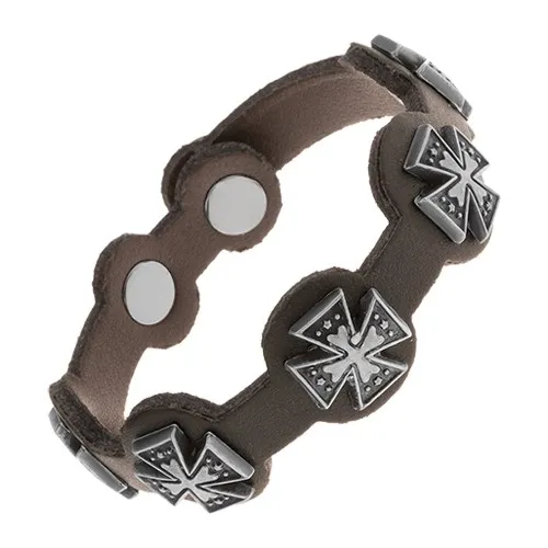 Čierny náramok zo syntetickej kože, oceľové maltézske kríže s patinou