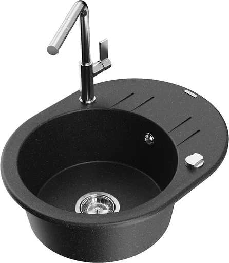 MEXEN/S MEXEN/S - Kevin granitový drez 1-miska s odkvapkávačom vrátane batérie Flora, čierna/srebrny metalik 6517-73-670401-00