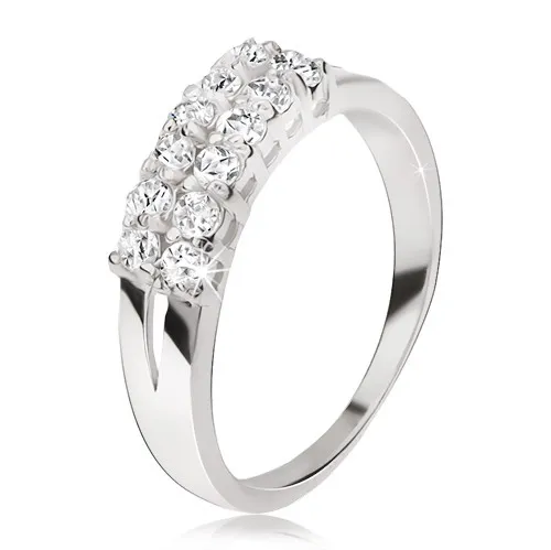 Prsteň zo striebra 925 - rozdvojené ramená, dva pásy čírych zirkónov - Veľkosť: 48 mm