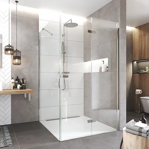 Mereo Sprchovací kút, Novea, štvorec, zalamovací, 90x90 cm, chróm ALU, sklo Číre, dv. pravé a pevný diel CK12823ZP