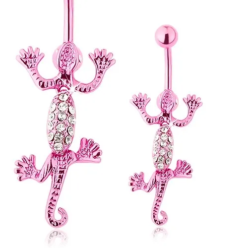 Piercing do pupka, chirurgická oceľ, jašterička ružovej farby, zirkóniky