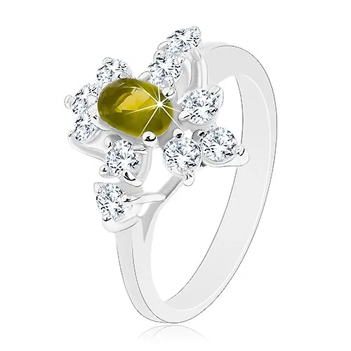 Prsteň so zúženými ramenami, zirkón v tmavozelenej farbe, číre zirkóniky - Veľkosť: 52 mm