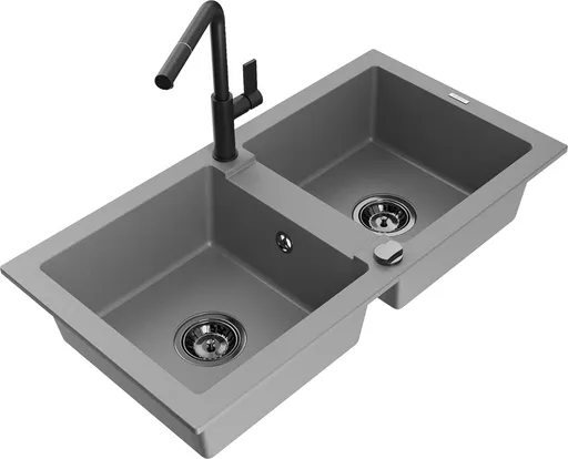 MEXEN/S MEXEN/S - Mario granitový drez 2-bowl vrátane batérie Flora, šedá 6504-71-670401-70-B