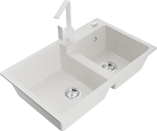 MEXEN/S MEXEN/S - Tomas granitový drez 2-bowl vrátane batérie Rita, biela 6516-20-670300-20