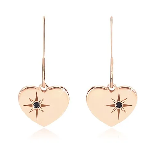 Čierny diamant - strieborné náušnice 925, súmerné srdce ružovozlatej farby, severná hviezda