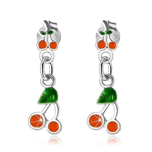 Strieborné 925 náušnice, čerešničky zdobené oranžovou a zelenou glazúrou