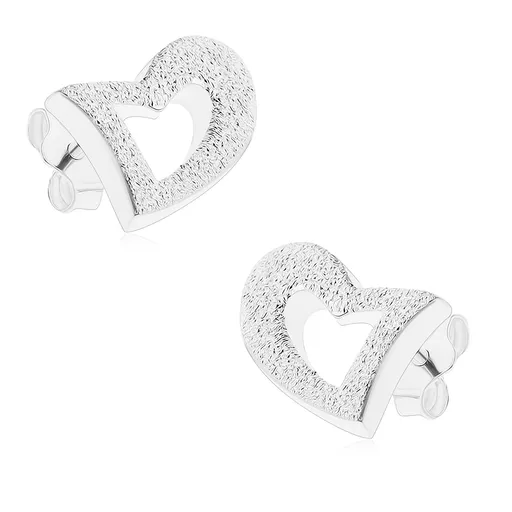 Náušnice zo striebra 925, kontúra nesúmerného srdca, pieskovaný povrch