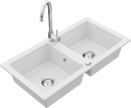 MEXEN/S MEXEN/S - Mario granitový drez 2-bowl vrátane batérie Telma, biela 6504-20-670200-00