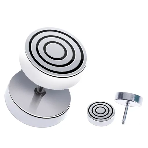 Oceľový fake piercing do ucha - okrúhly s čiernymi kruhmi