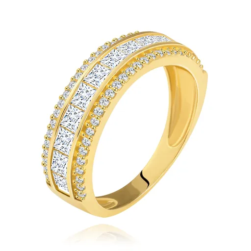 Prsteň zo žltého 14K zlata - línia čírych zirkónových štvorčekov, trblietavý lem - Veľkosť: 58 mm