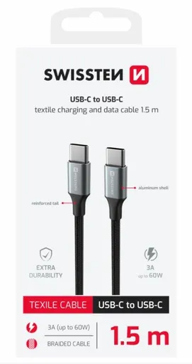 SWISSTEN DÁTOVÝ KÁBEL TEXTILE II USB-C / USB-C 1,5 M ČIERNY