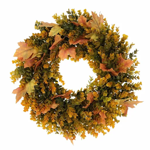 Jesenný veniec umelý Eucalyptus a javorové listy, pr. 40 cm, oranžovo-zelená