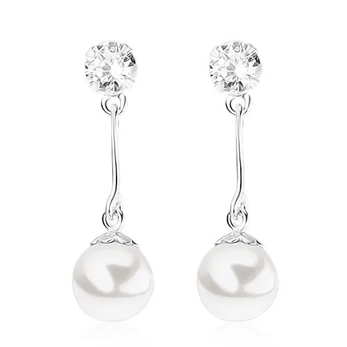Puzetové náušnice, striebro 925, číry zirkónik, guľatá biela perla