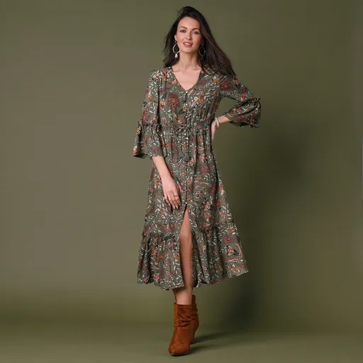 Dlhé šaty s potlačou, gombíkmi a 3/4 pagodovými rukávmi