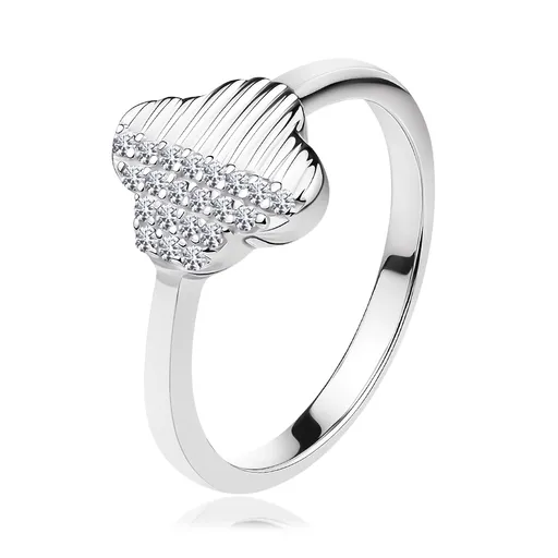Strieborný 925 prsteň - štvorlístok s vrúbkovaním a čírymi zirkónmi - Veľkosť: 52 mm