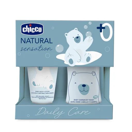 Chicco Natural Sensation 0+ šampón a sprchový gél pre deti od narodenia 200 ml + 0+ telové mlieko pre deti od narodenia 150 ml
