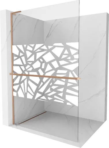 MEXEN/S - Kioto+ L Sprchová zástena WALK-IN s poličkou a držiakom uterákov 100 x 200, biely vzor, meď kartáčovaná 800-100-123-65-85