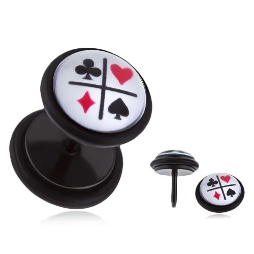 Čierny fake plug do ucha s PVD povrchovou úpravou - kartové symboly