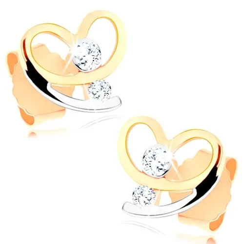 Náušnice z kombinovaného 9K zlata, asymetrické srdce s dvojitým ramenom, zirkóny