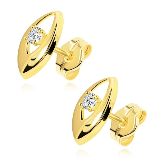 Náušnice v žltom 14K zlate - lesklé zrnko s výrezom a čírym okrúhlym zirkónom