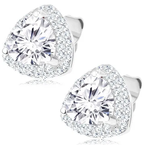 Puzetové strieborné 925 náušnice - ligotavý zirkónový trojuholník, číry lem