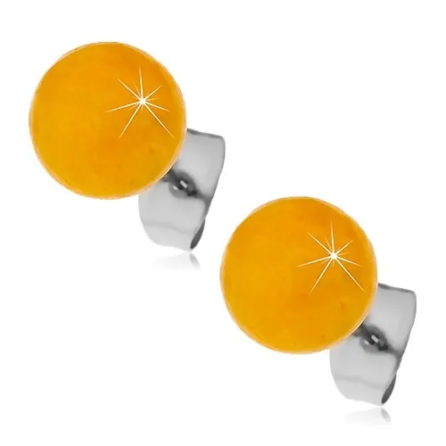 Oceľové puzetové náušnice, žltooranžové guličky, 8 mm