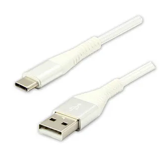 Logo USB kábel (2.0), USB A samec - USB C samec, 2m, 480 Mb/s, 5V/3A, biely, box, nylonové opletenie, hliníkový kryt konektora