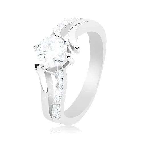 Strieborný prsteň 925, rozdvojené zvlnené ramená, okrúhly číry zirkón - Veľkosť: 52 mm