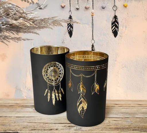 Gilde LED Skleněný svícen Lapač snů, černý, velký