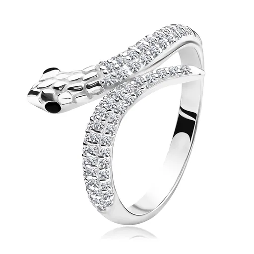 Strieborný prsteň 925 - motív hada, čierne oči a číre zirkónové telo - Veľkosť: 47 mm