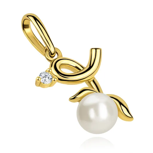 Zlatý prívesok 9K vetvička so zirkónom a bielou kultivovanou perlou