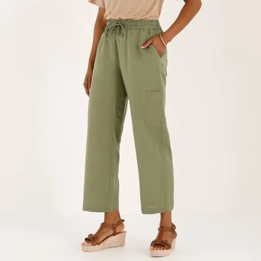 Široké skrátené nohavice zo zmesi bavlny a ľanu s vreckami