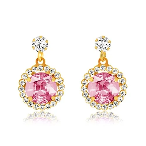 Náušnice v žltom zlate 375 - číry zirkón, ružový zirkón s transparentným lemom