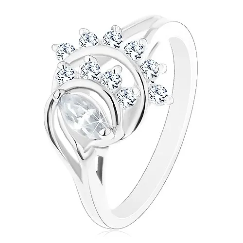 Prsteň s lesklými rozdelenými ramenami, brúsené zrnko, oblúky z čírych zirkónov - Veľkosť: 62 mm