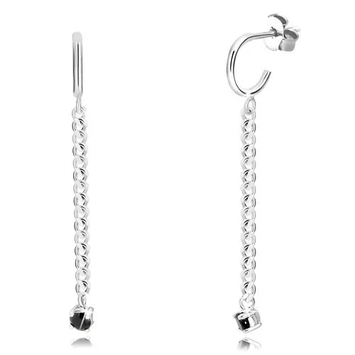 Strieborné náušnice 925 - lesklý oblúk, ligotavá retiazka, čierny zirkón v kotlíku