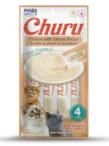 Maškrta pre mačky Inaba Churu Pyré cat Kura s lososom 4 tuby 56g