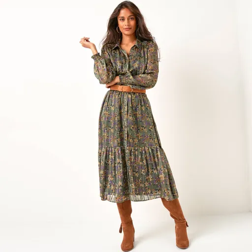 Dlhé voálové šaty s potlačou a metalickým vláknom