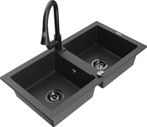 MEXEN/S MEXEN/S - Mario granitový drez 2-bowl vrátane batérie Elia, čierna kropenatá 6504-76-670101-70-B