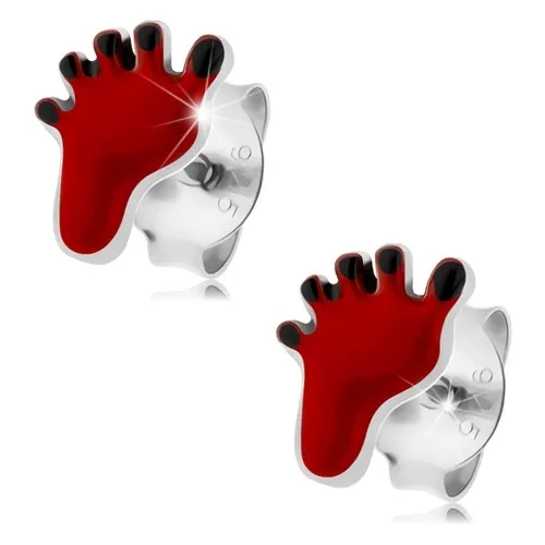 Puzetové náušnice, striebro 925, červený odtlačok chodidla, čierne prsty