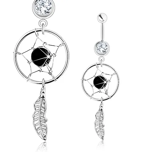 Piercing do bruška, chirurgická oceľ, lapač snov, číry zirkón, čierna korálka